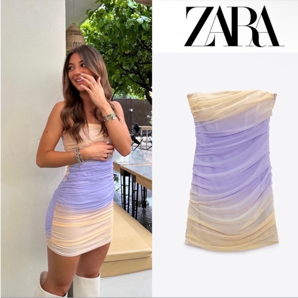 ZARA Strapless Tulle Dress Ombre Mesh Strapless Mini XL Purple Ruched Bodycon - Picture 7 of 10